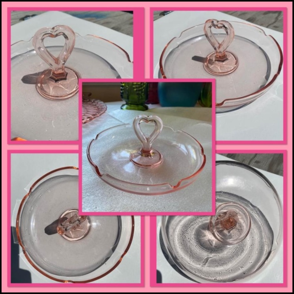 pink depression glass dish  glass heart handle.